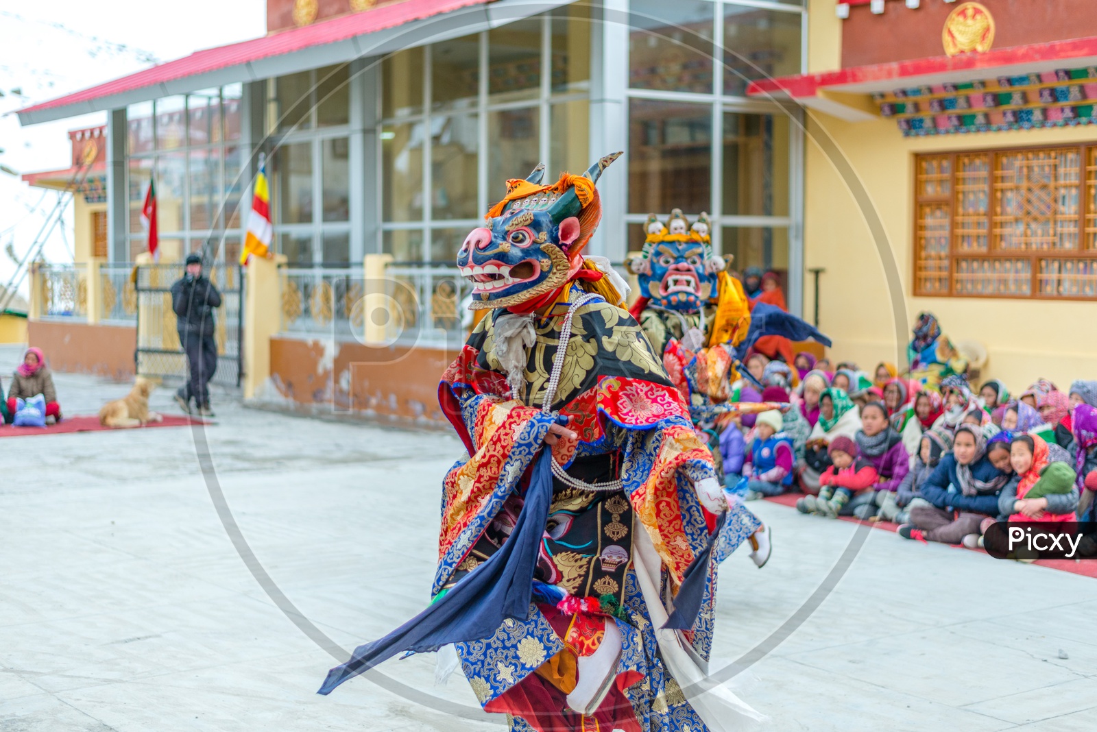 Tibetan Buddhist Lamas dressed in Mystical Mask Dance Tsam mystery in time of festival