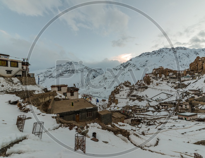 Landscape of Spiti Village Covered in Snow with Surrounded by Snowy Mountains
