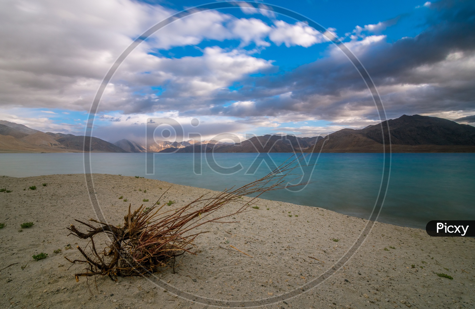 Landscape of Pangong Lake with cloudy Sky