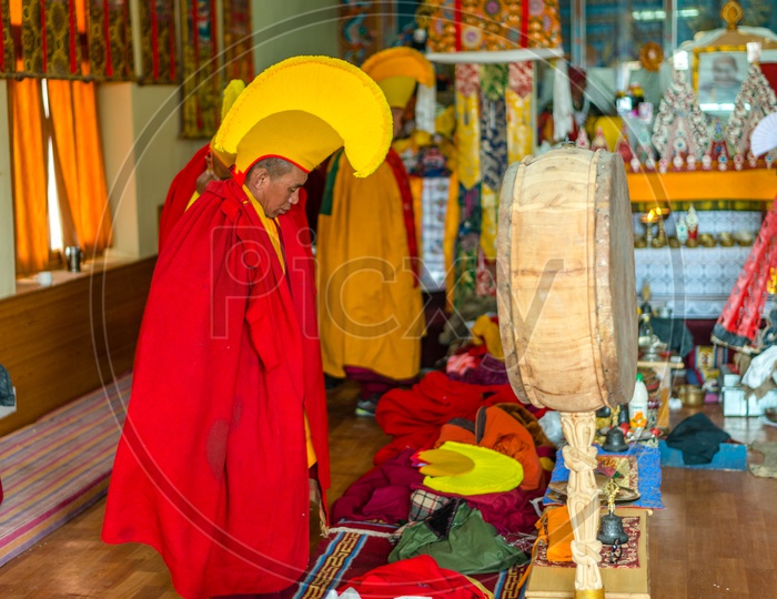 Buddhist Monks or Lama wearing dress for mask dance at Spiti