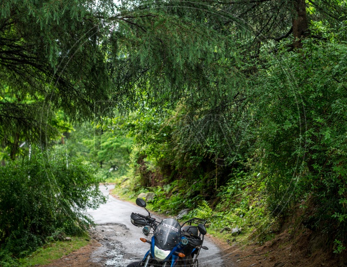 A Traveler's bike parked in the middle of mountain road