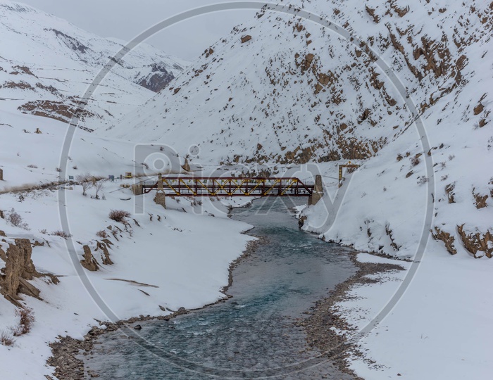 Spiti River in Winter Season with Mountains in Background