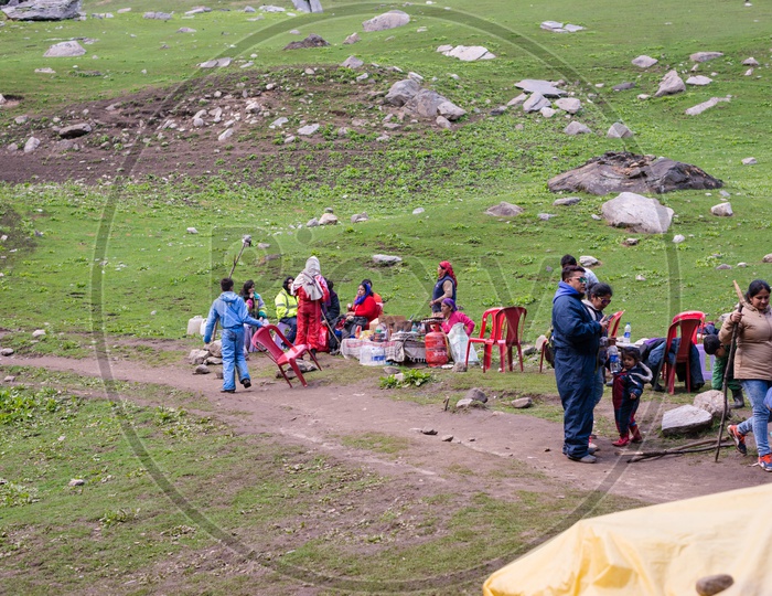 Tourists at Local shops in the middle of Hamta Pass Trek