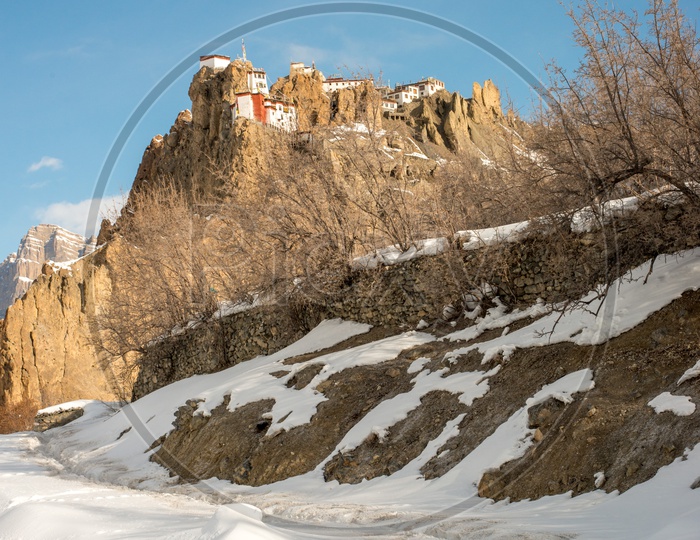 Dhankar Monastery Surrounded by Snow in Winter Season