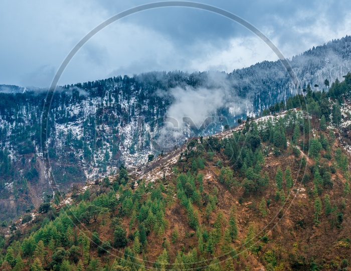 Landscapes of Himalayan Snow Capped Mountains with Dark Clouds in Sky