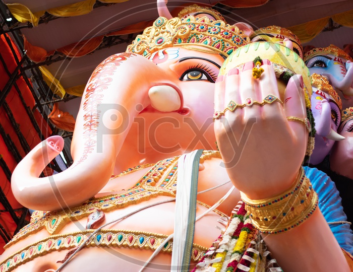 Close view of Khairatabad Ganesha or Ganapathi Idol