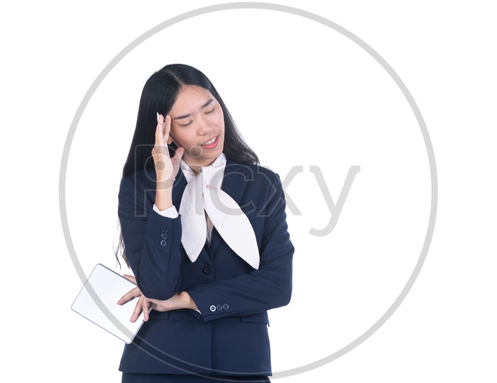 Thinking Business Woman Over an isolated White Background