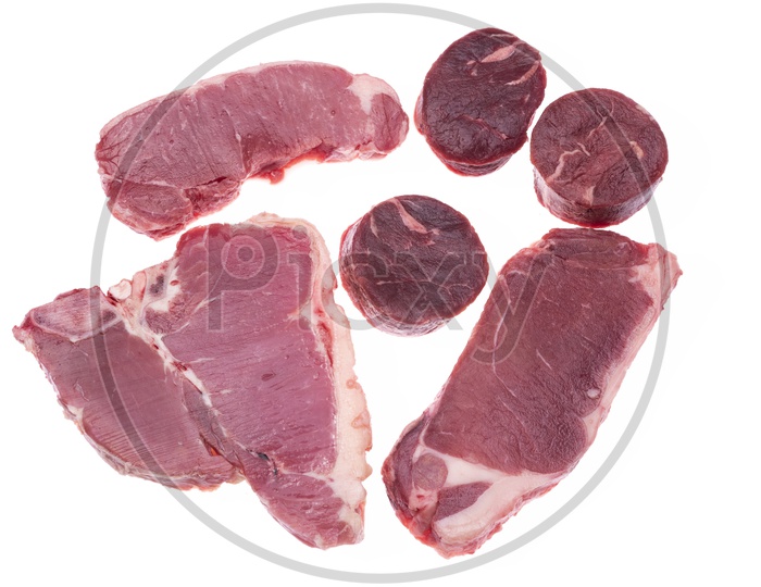 raw beef Steaks on  isolated  white background