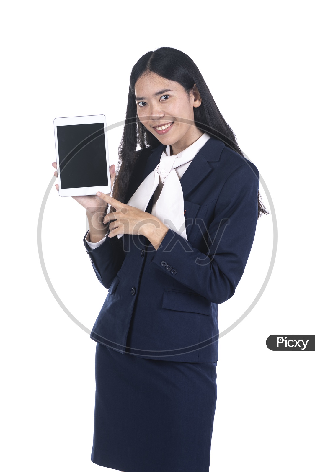business woman in a suit using a digital tablet Gadget on isolated background