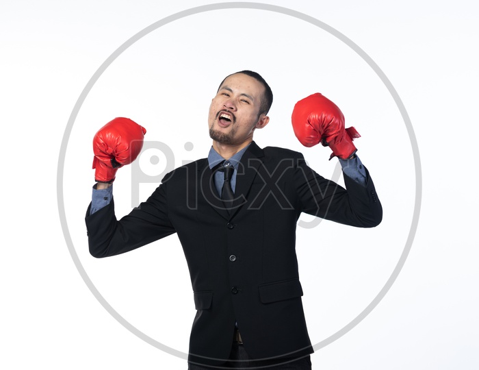 Business Man With Boxing Gloves , Fight Between Business Competitors