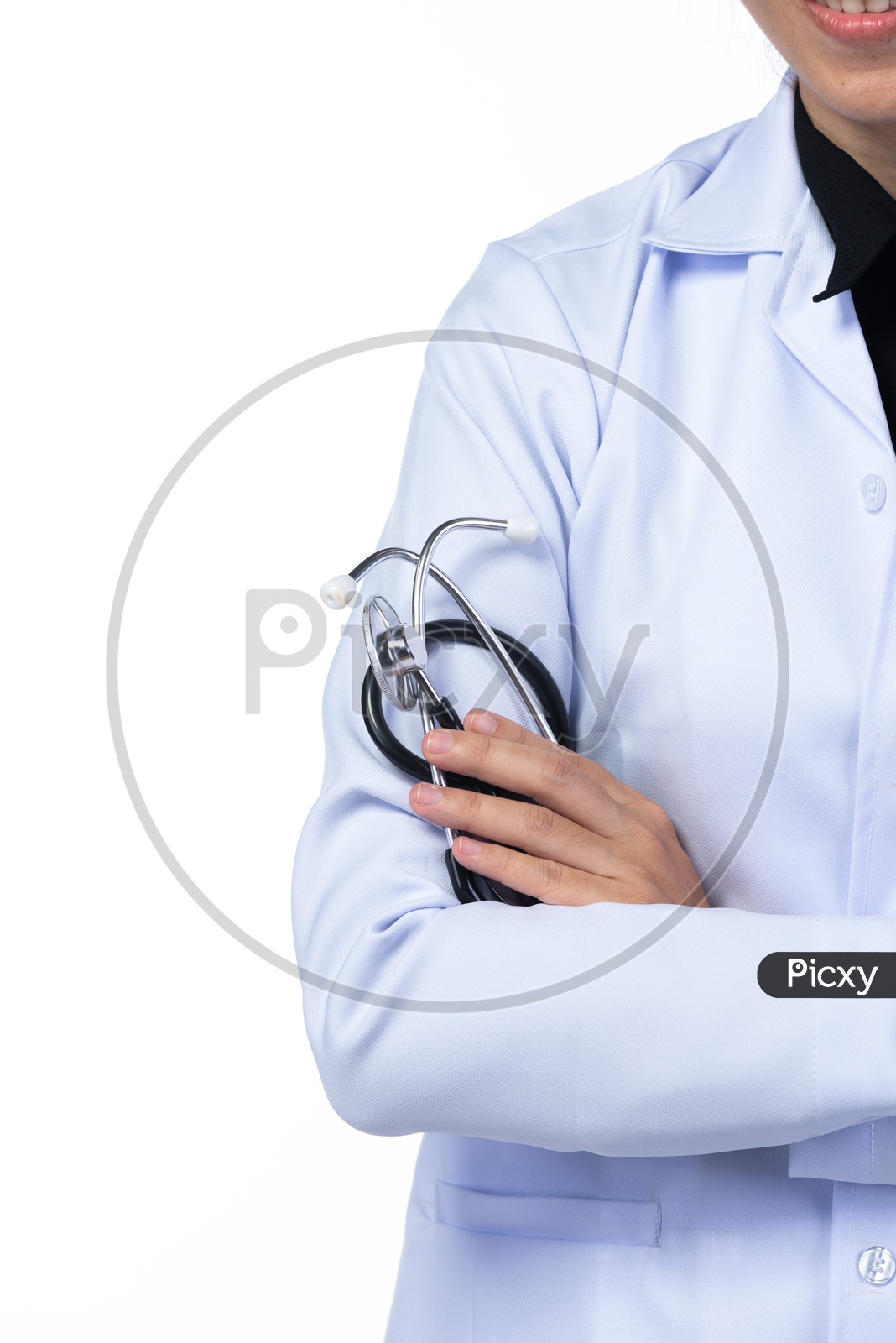Medicine Student Or Young Doctor Holding Stethoscope in hands Over Isolated White Background