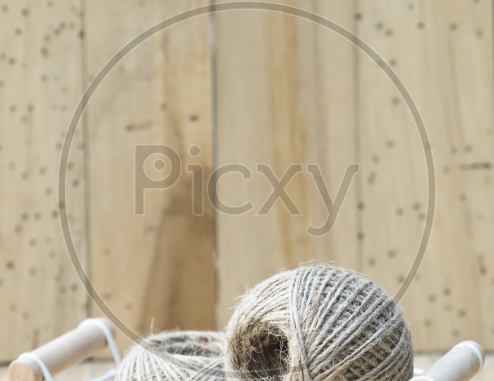 Basket With Vintage Rope Roll  Over Isolated Background