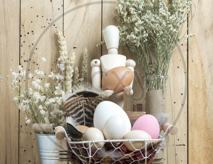 Easter Concept With Bunch Of  Colorful Eggs  on Wooden  Background