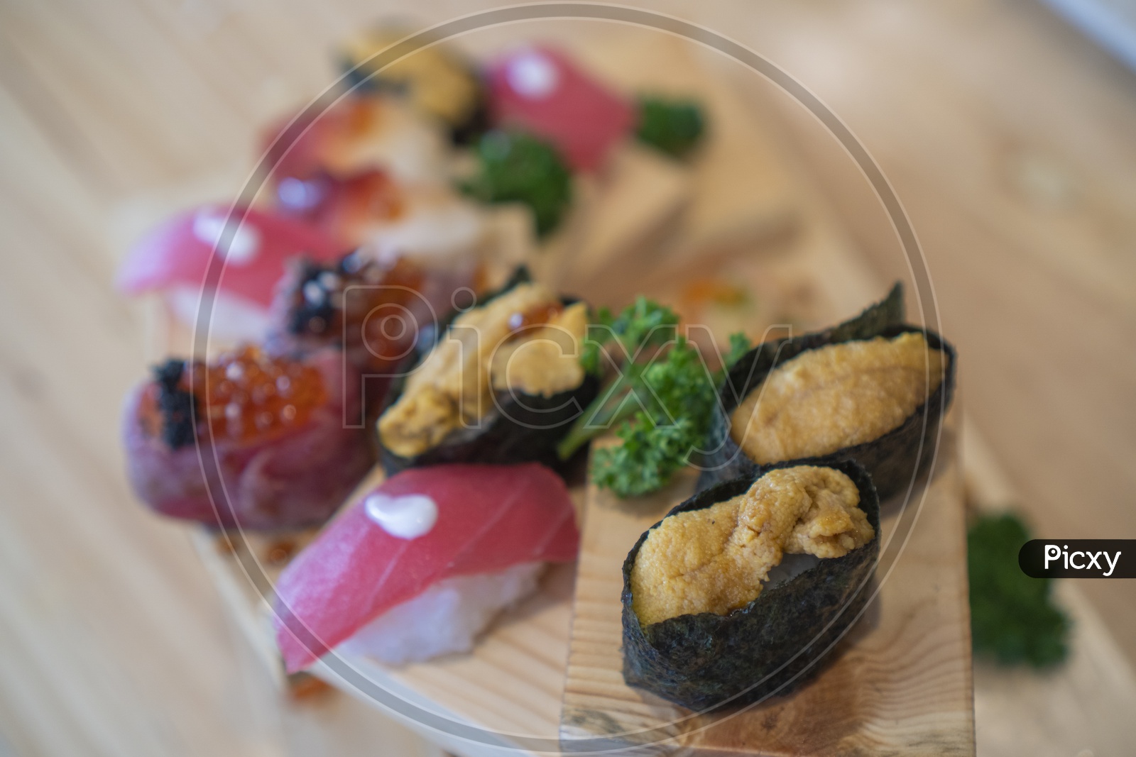 Delicious Various Sushi Rolls With Salmon , Tuna And Uni Sushi  Representation of  Japanese Food In restaurants