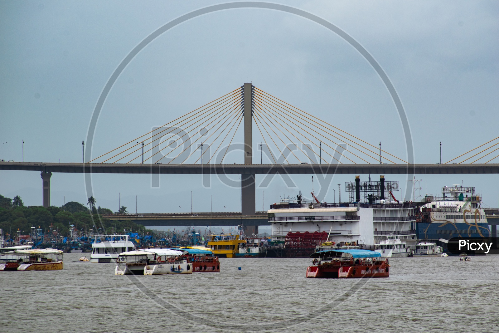 Cruise, boats, ships at Mandovi cable stayed bridge.