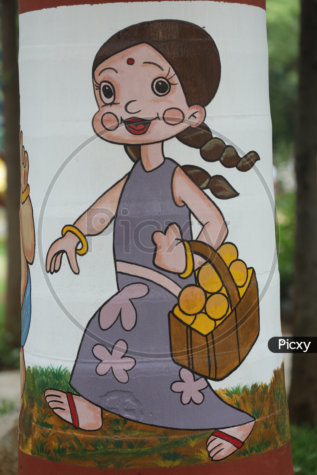 A Girl Carrying Flower Basket Painting on a Tree