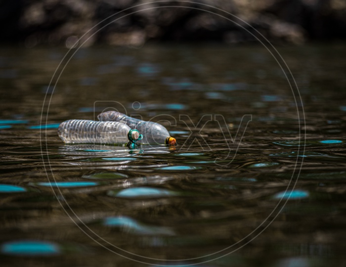 Plastic bottles floating on the surface of water