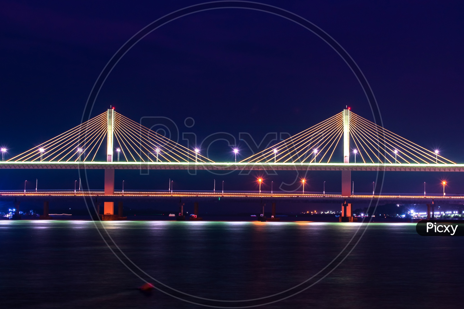 Mandovi Cable Stayed Bridge at night time, Panaji, Goa.