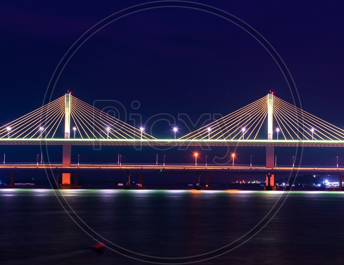 Mandovi Cable Stayed Bridge at night time, Panaji, Goa.
