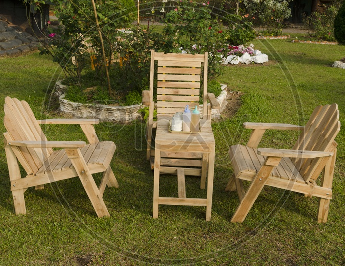 English garden in summer, Wooden Chairs