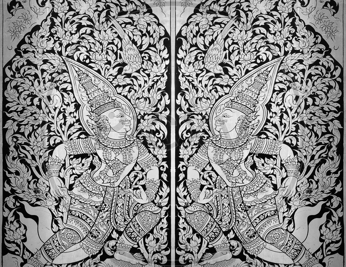 Thai painting on wood black and white