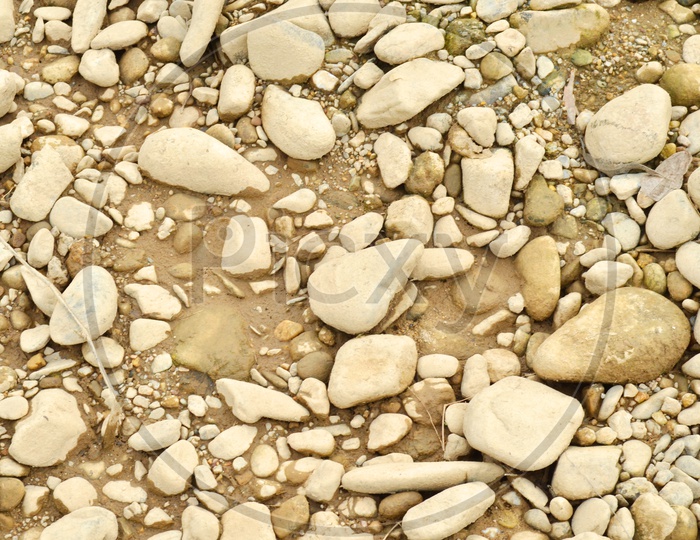 Cobblestones visible in a dry river