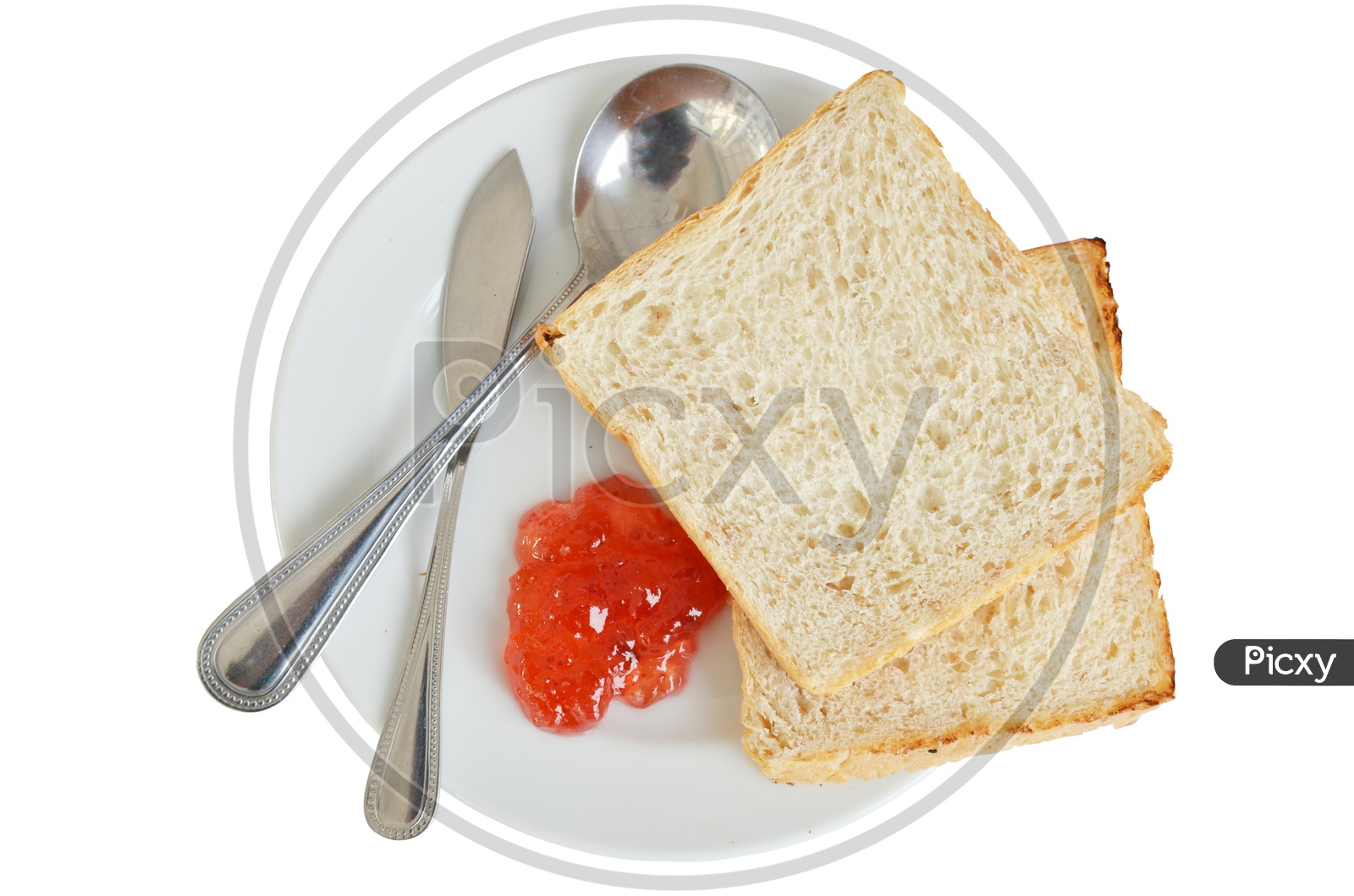 Toasted Bread With Jam Closeup in a Plate Over an Isolated White Background