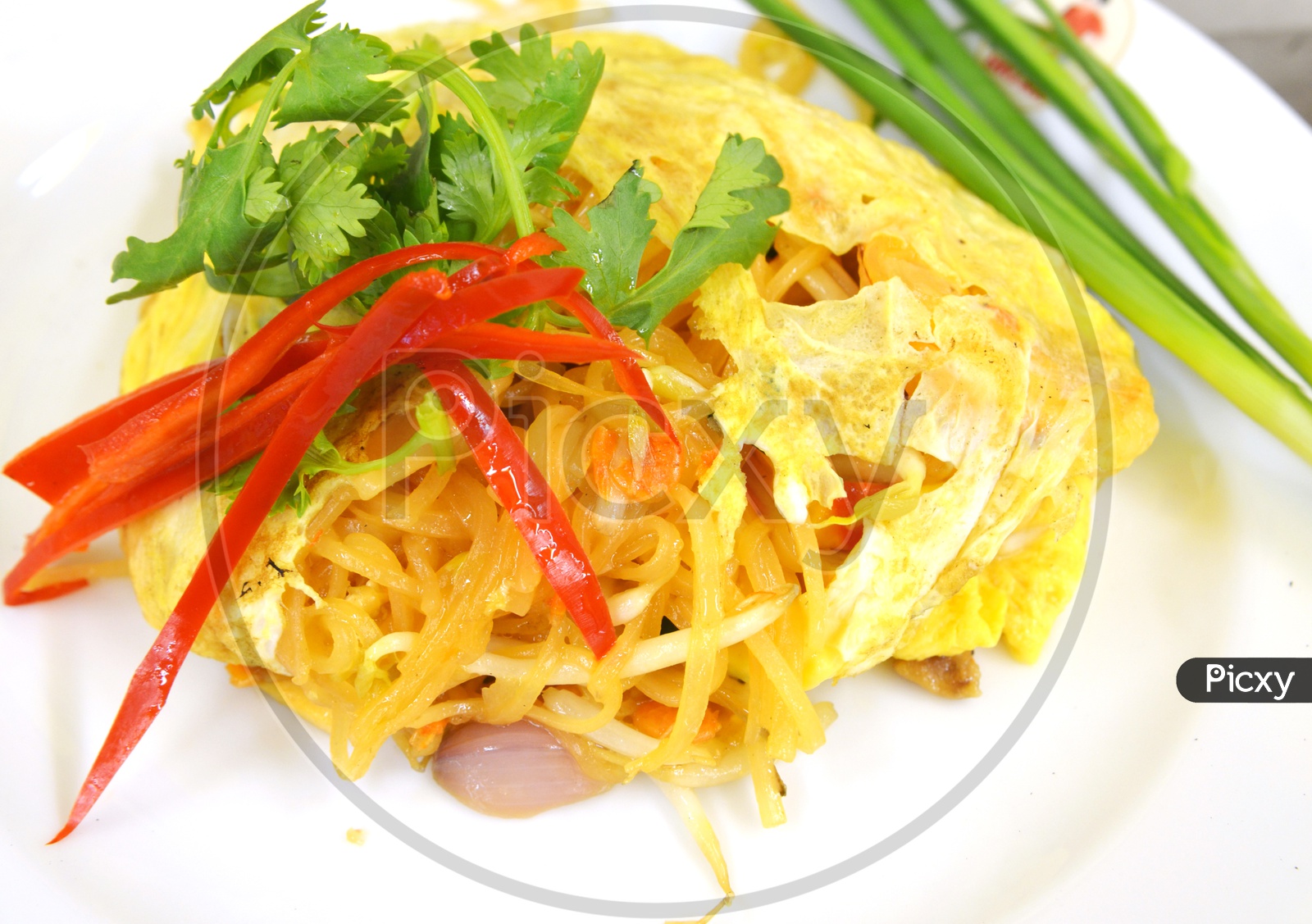 Stir fry noodles with shrimp garnished with coriander leaves