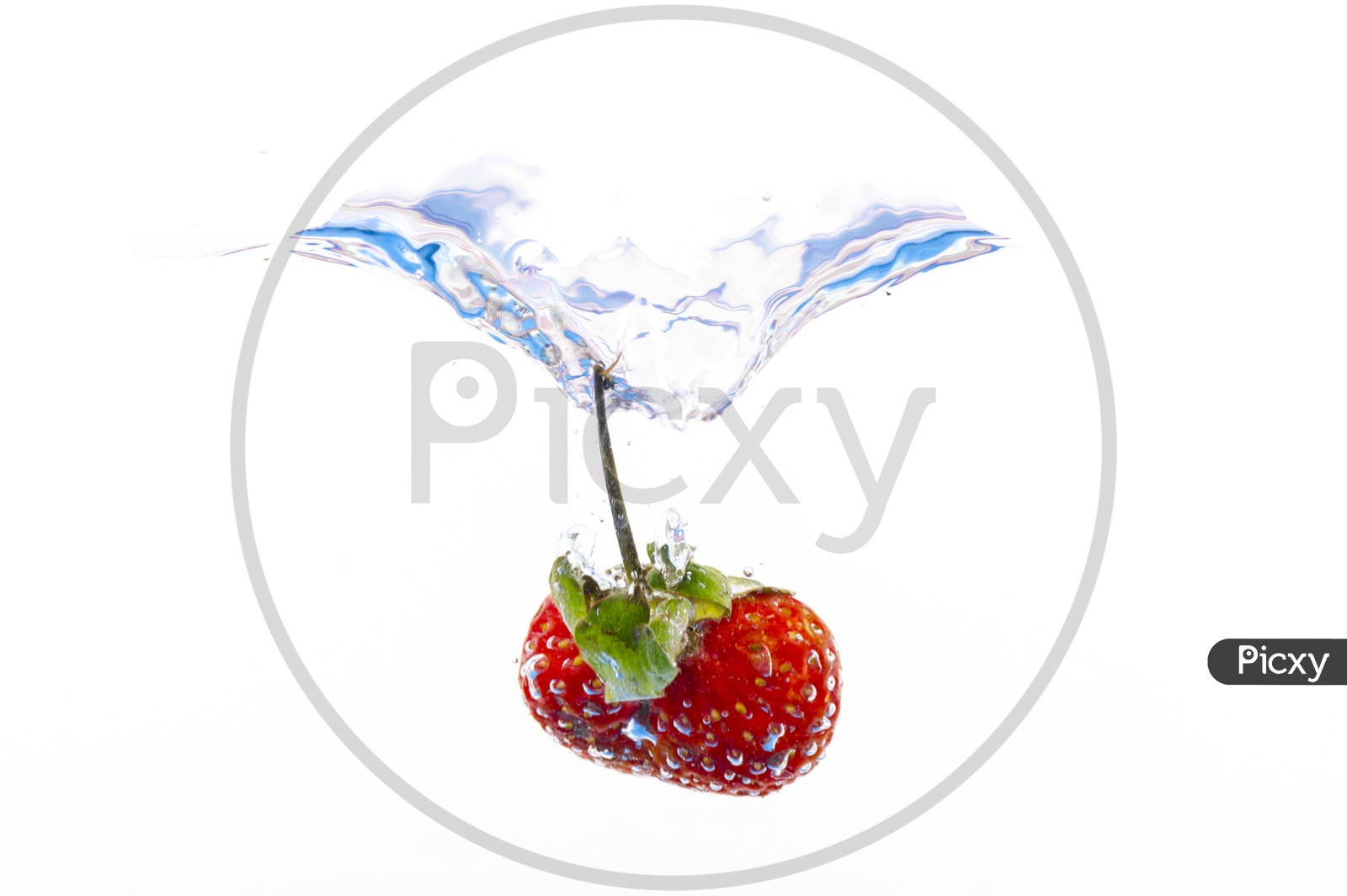 fresh strawberry dropped into water with splash on white background