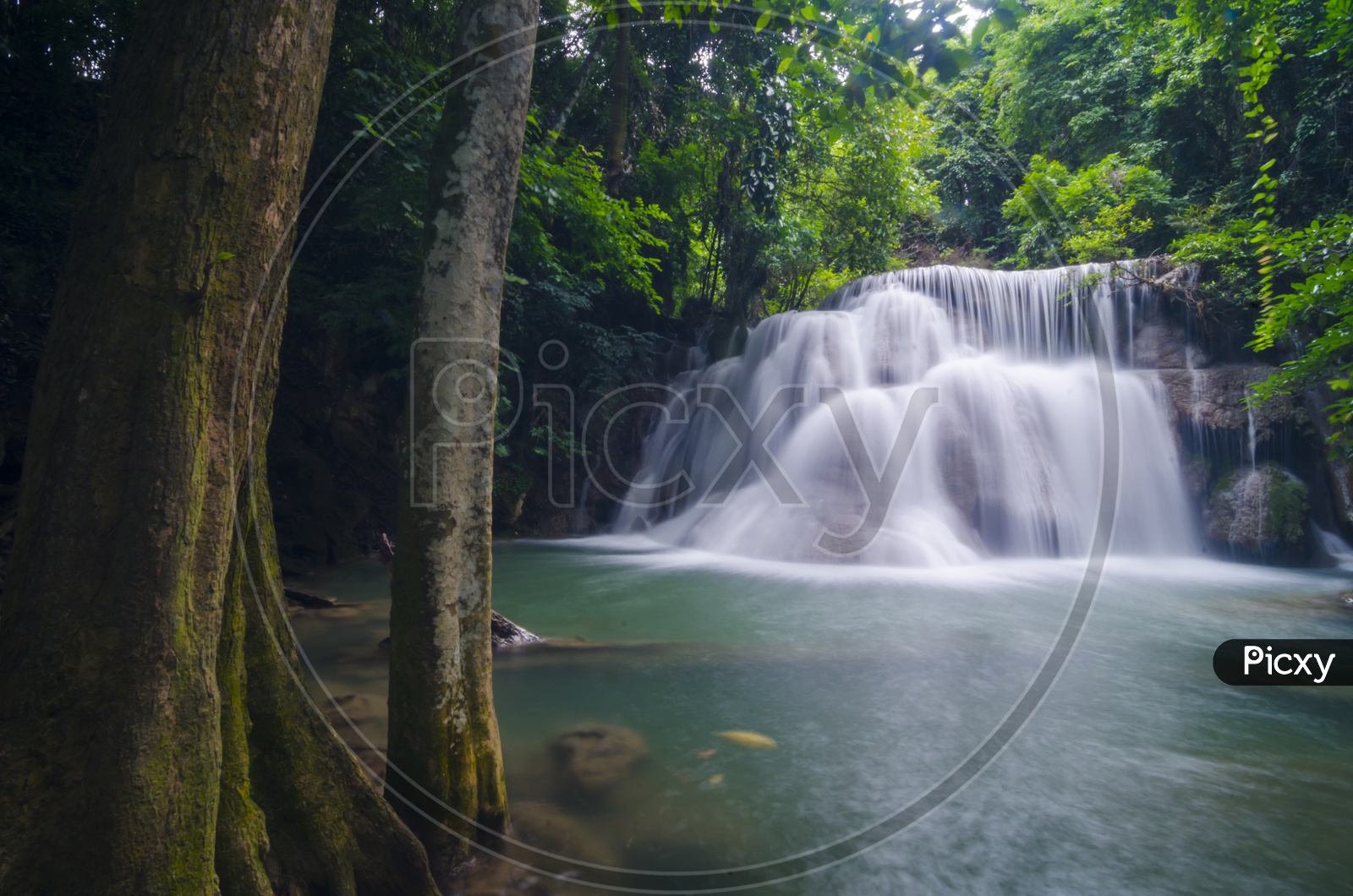 View of Erawan Waterfall in deep forest, Erawan National Park in Kanchanaburi, Thailand
