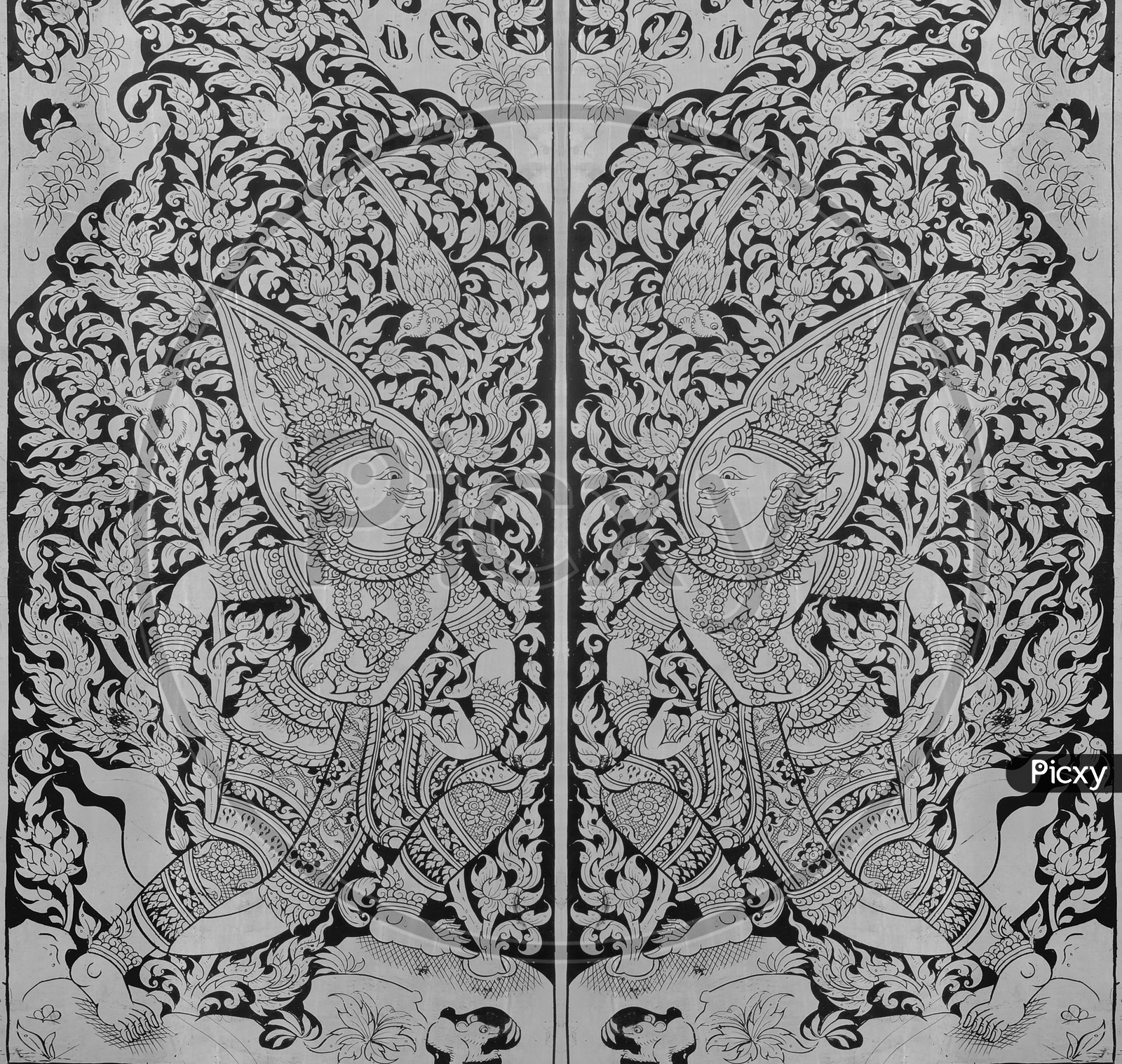 Thai painting on wood, black and white