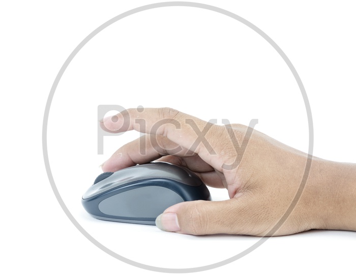 Man Hand Clicking Wireless Mouse On an Isolated White Background