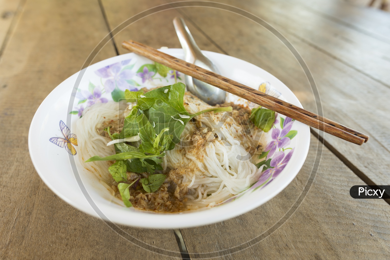 Vietnamese Noodle in a Bowl on Wooden Background at Ho Chi Minh City, Vietnam