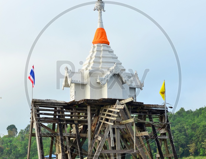 View of Pagoda in the Sangklaburi river of Thailand