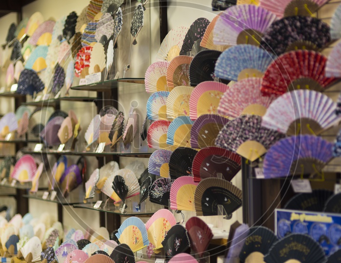 Japanese open hand fans in a store