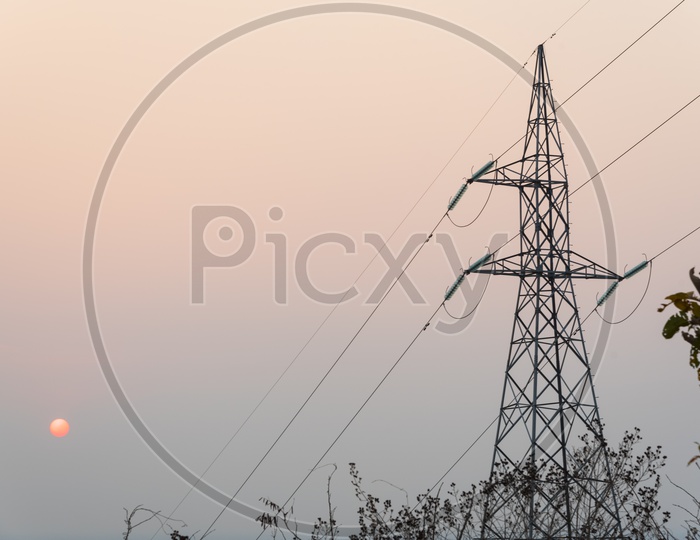 Hi Tension Electricity lines in Thailand during Sunset