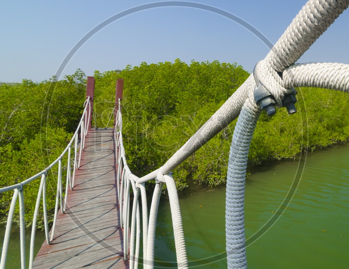 Red wooden bridge to a natural forest with blue sky, Thailand