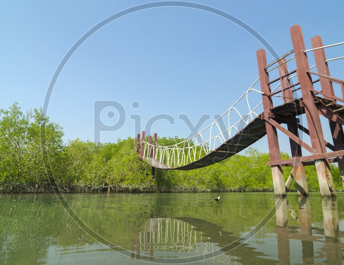 A View Of Wooden Bridge Over Krabi River Leading To Mangrove Forest
