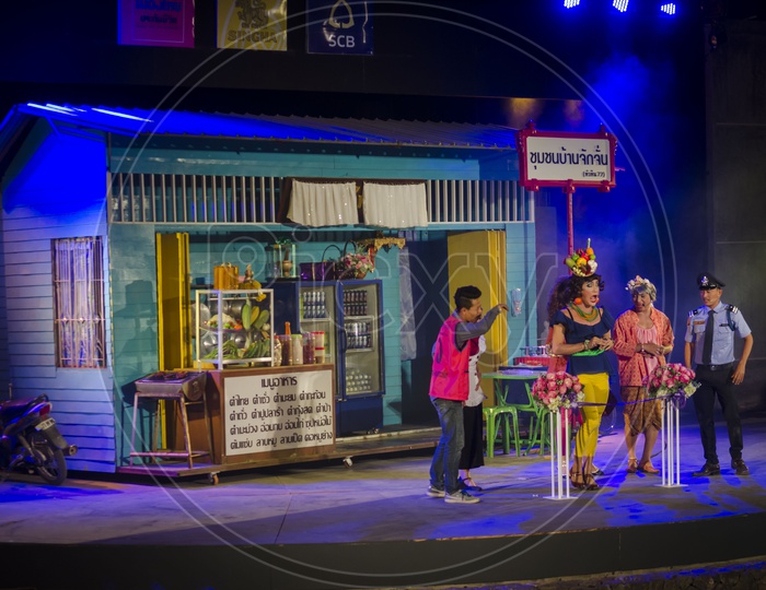 Theater Artists Performing on Stage  in the Cicada Markets Hua Hin