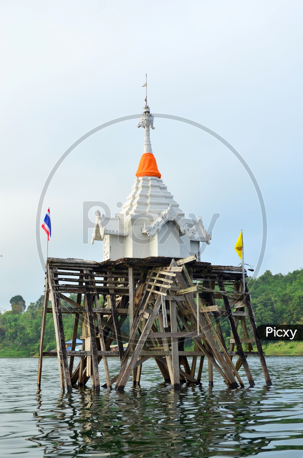 View of Pagoda in the Sangklaburi river of Thailand