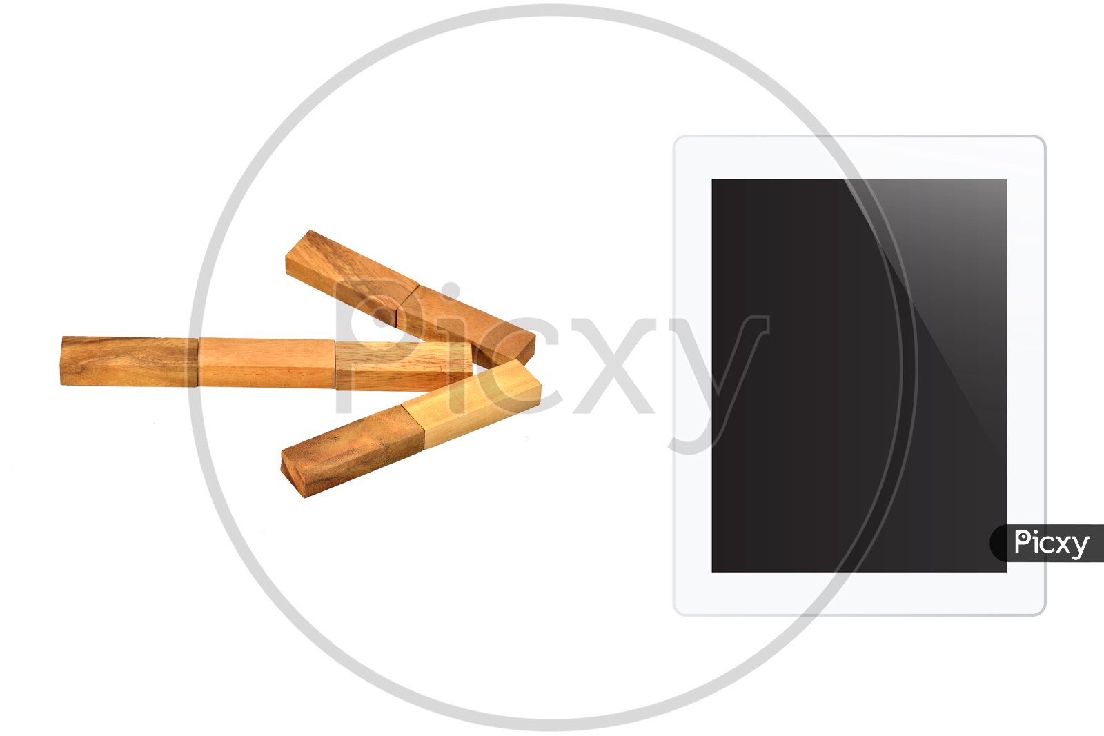 Tablet Gadget With Wooden Blocks On an Isolated White Background