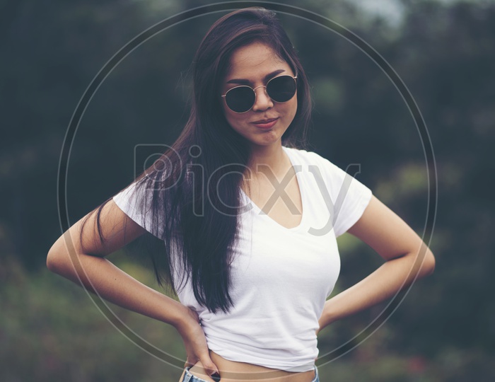 A beautiful Asian woman wearing White t-shirt