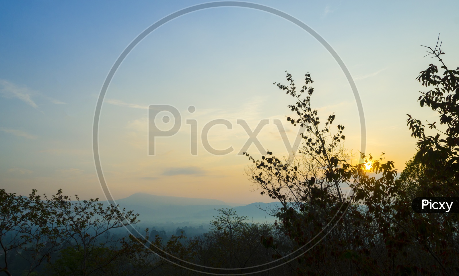 Panorama View Of Sunset Over  Pha Deaw Dai Cliffs of The Khao Yai National Park in Thailand