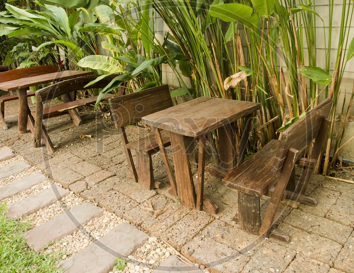 Wooden table seating arrangement  in the Thai Cafe