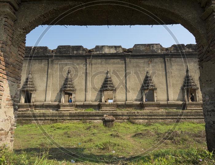View of Sinking temple in Kanchanaburi province, Thailand.