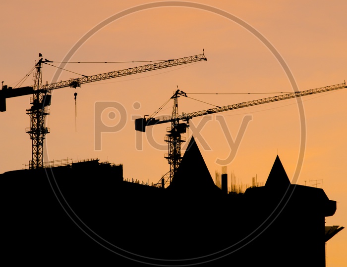 Silhouette of Construction of hirise buildings in Thailand