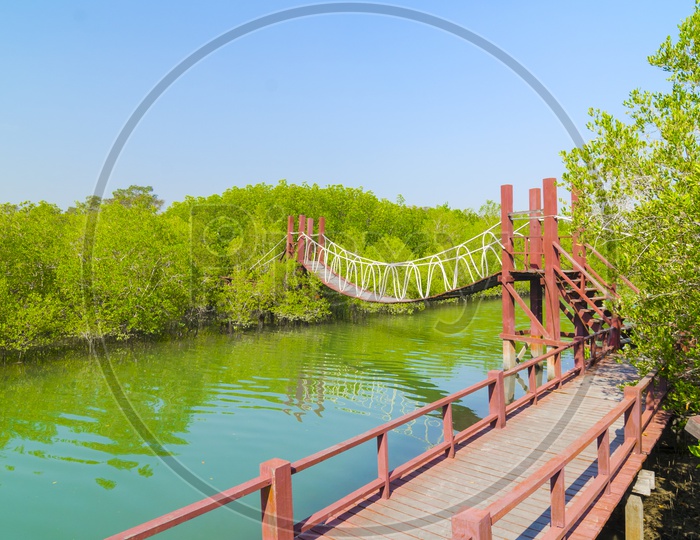 Red Wooden Suspended Bridge Over Krabi River In Mangrove Forest