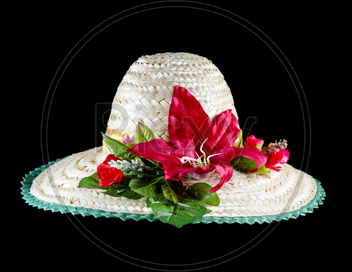 Beach Hats With Flowers Decorated On an isolated Black Background