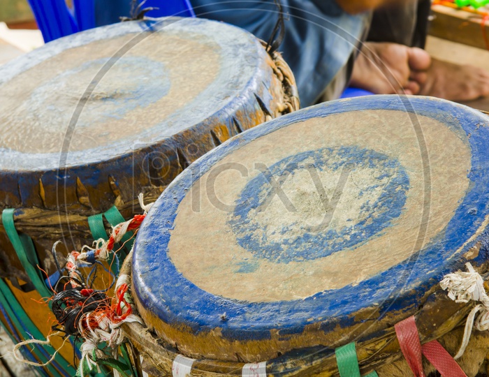 closeup of head of asian drum with cow drumhead
