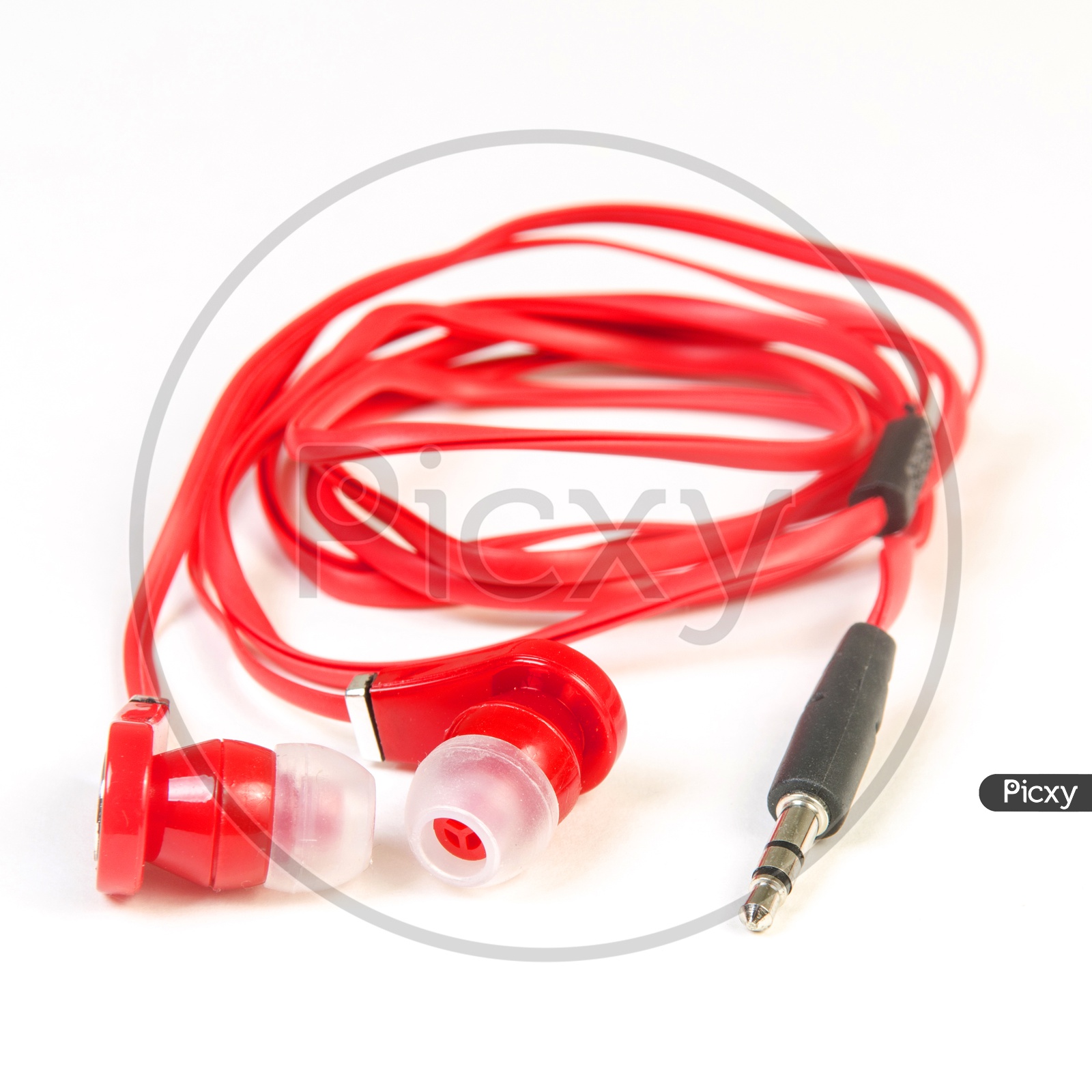 Modern portable audio earphones isolated on a white background